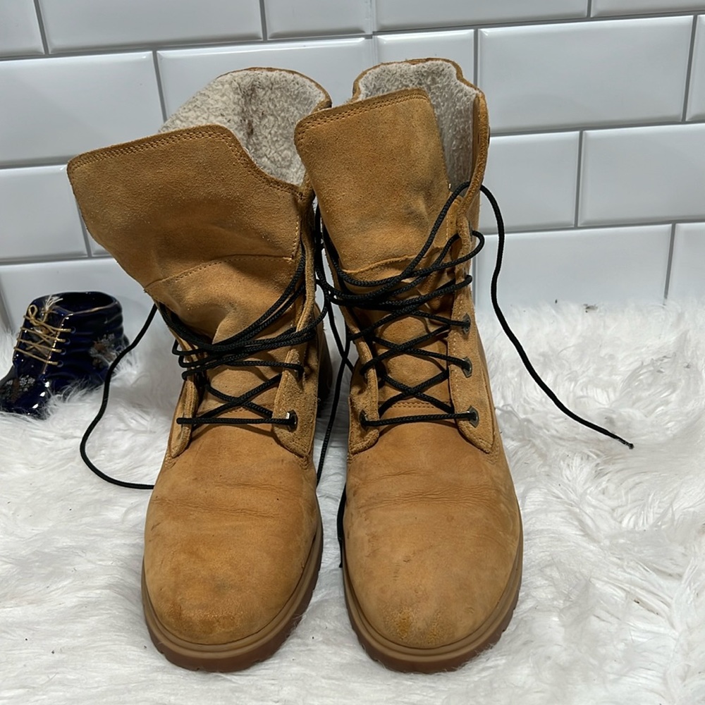 Timberland Womens 9 Jayne Waterproof Teddy Fleece Fold Down Leather Boots A1SGA
